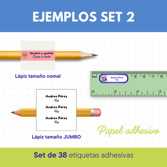 Set 2 de Etiquetas Escolares Personalizadas (38 etiquetas) – Papel Adhesivo