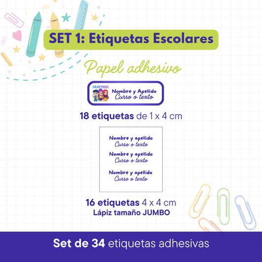 Set de Etiquetas Escolares Personalizadas (34 etiquetas) – Papel Adhesivo