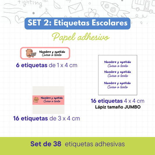 Set 2 de Etiquetas Escolares Personalizadas (38 etiquetas) – Papel Adhesivo