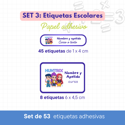 Set 3 de Etiquetas Escolares Personalizadas (53 etiquetas) – Papel Adhesivo